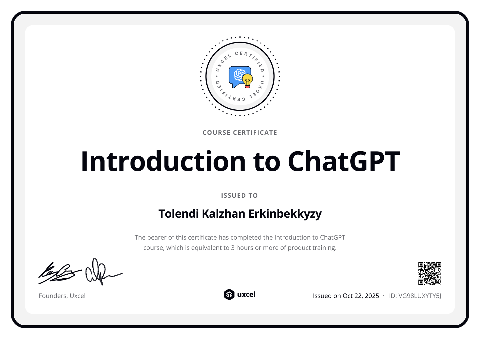 Tolendi Kalzhan Erkinbekkyzy's certificate